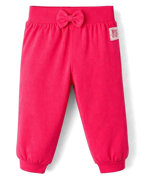 Babyhug Cotton Jersey Knit Full Length Lounge Pants With Text Patch & Bow Applique Pack of 3 - Navy Blue Light & Dark Pink