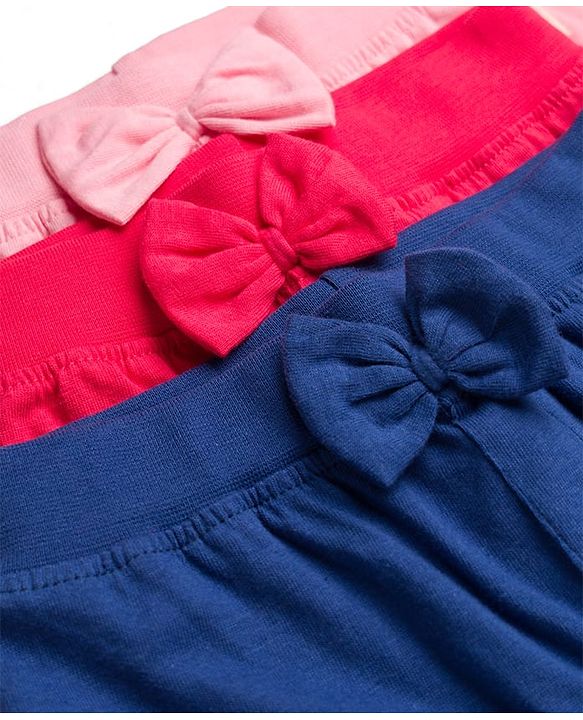 Babyhug Cotton Jersey Knit Full Length Lounge Pants With Text Patch & Bow Applique Pack of 3 - Navy Blue Light & Dark Pink