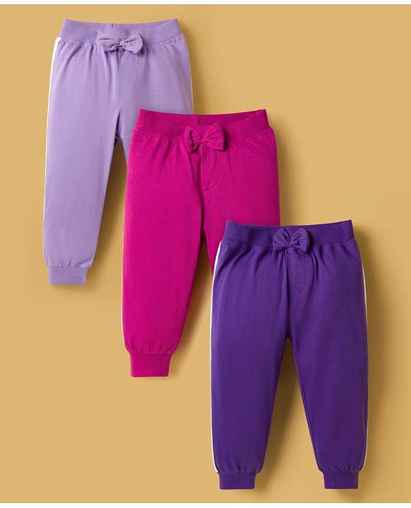 Babyhug Cotton Jersey Knit Full Length Solid Lounge Pants With Bow Applique Pack of 3 - Multicolor