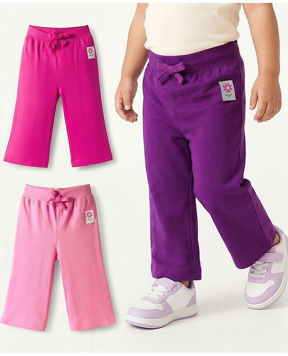 Babyhug Cotton Knit Full Length  Lounge Pant with Floral Print Pack of 3 - Pink & Purple