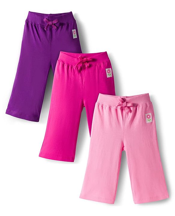 Babyhug Cotton Knit Full Length  Lounge Pant with Floral Print Pack of 3 - Pink & Purple