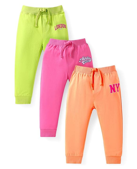 Babyhug Cotton Jersey Knit Full Length Lounge Pants with Text Print Pack of 3 - Orange Green & Pink