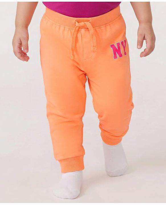 Babyhug Cotton Jersey Knit Full Length Lounge Pants with Text Print Pack of 3 - Orange Green & Pink