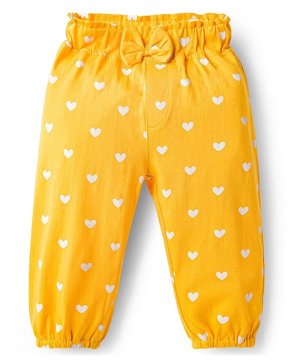 Babyhug Cotton Jersey Knit Full Length Hearts Printed Lounge Pants With Bow Pack Of 3 - Multicolour
