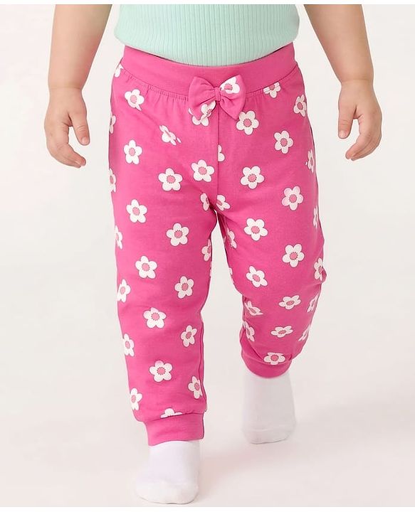 Babyhug Single Jersey Knit Full Length Lounge Pants with Floral & Polka Dot Print Bow Applique Pack of 3 - Multicolor