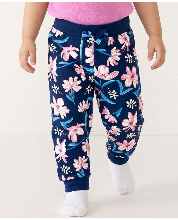 Babyhug Single Jersey Knit Full Length Lounge Pants with Floral & Polka Dot Print Bow Applique Pack of 3 - Multicolor