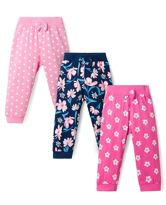 Babyhug Single Jersey Knit Full Length Lounge Pants with Floral & Polka Dot Print Bow Applique Pack of 3 - Multicolor