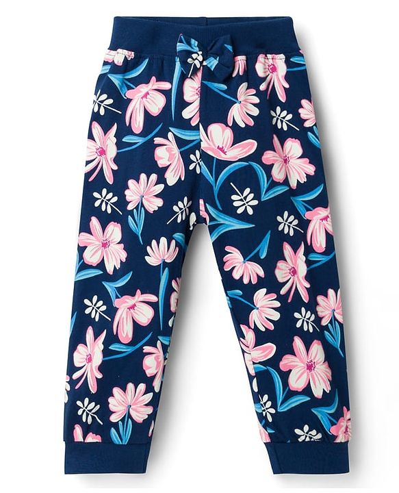 Babyhug Single Jersey Knit Full Length Lounge Pants with Floral & Polka Dot Print Bow Applique Pack of 3 - Multicolor