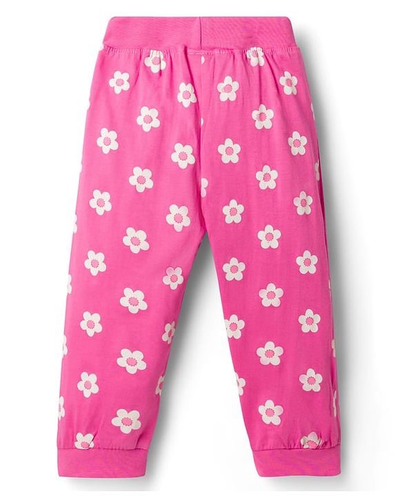 Babyhug Single Jersey Knit Full Length Lounge Pants with Floral & Polka Dot Print Bow Applique Pack of 3 - Multicolor