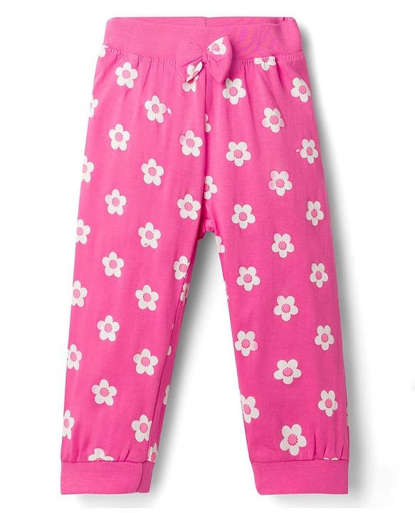 Babyhug Single Jersey Knit Full Length Lounge Pants with Floral & Polka Dot Print Bow Applique Pack of 3 - Multicolor