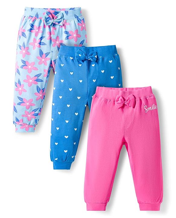 Babyhug Cotton Jersey Knit Full Length Lounge Pants With Floral & Hearts Print With Bow Applique Pack Of 3 - Multicolour