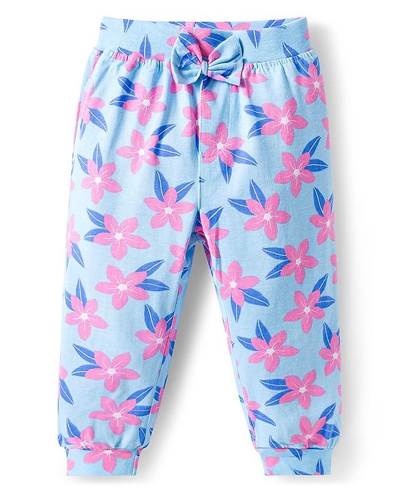 Babyhug Cotton Jersey Knit Full Length Lounge Pants With Floral & Hearts Print With Bow Applique Pack Of 3 - Multicolour