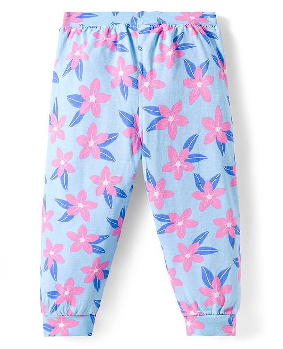 Babyhug Cotton Jersey Knit Full Length Lounge Pants With Floral & Hearts Print With Bow Applique Pack Of 3 - Multicolour