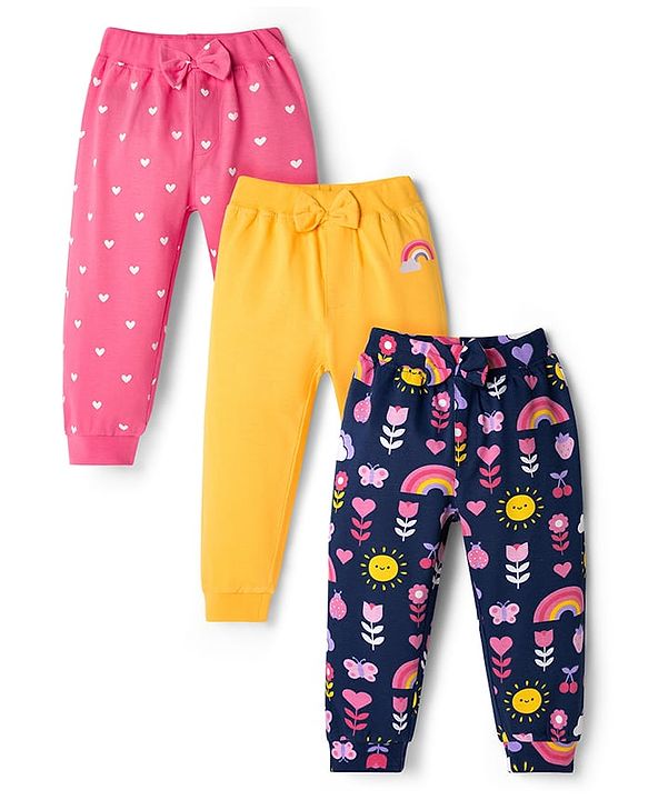 Babyhug Cotton Knit Full Length Lounge Pants with Tropical Theme Print & Bow Applique Pack of 3 - Yellow Pink & Navy Blue