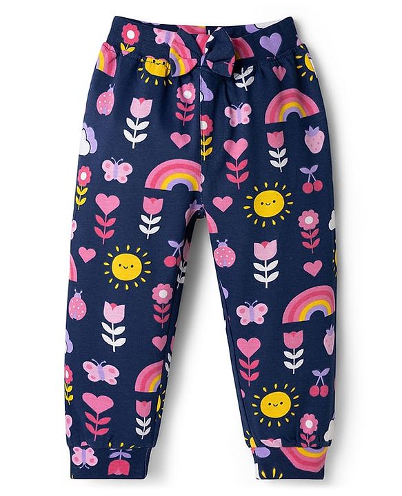Babyhug Cotton Knit Full Length Lounge Pants with Tropical Theme Print & Bow Applique Pack of 3 - Yellow Pink & Navy Blue