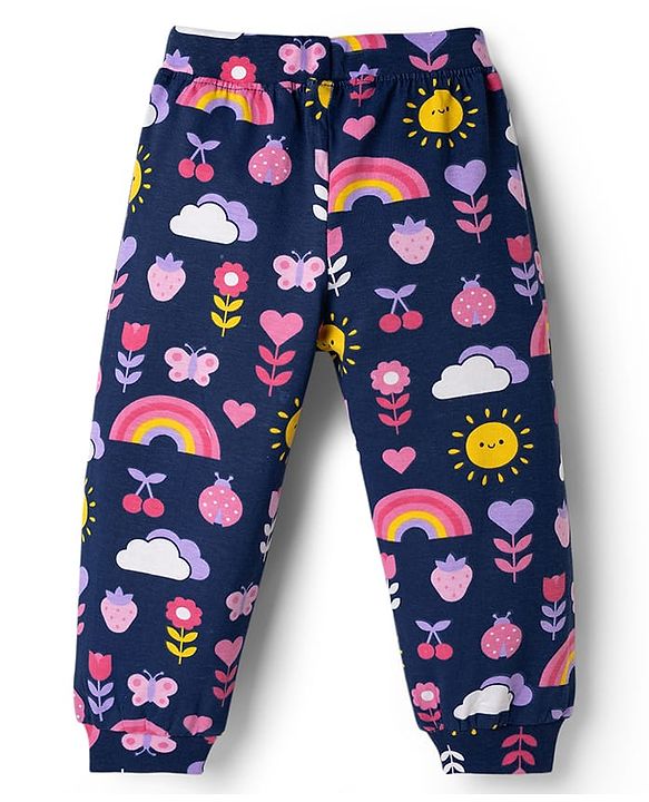 Babyhug Cotton Knit Full Length Lounge Pants with Tropical Theme Print & Bow Applique Pack of 3 - Yellow Pink & Navy Blue
