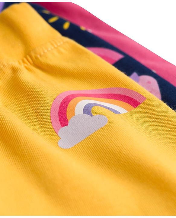 Babyhug Cotton Knit Full Length Lounge Pants with Tropical Theme Print & Bow Applique Pack of 3 - Yellow Pink & Navy Blue