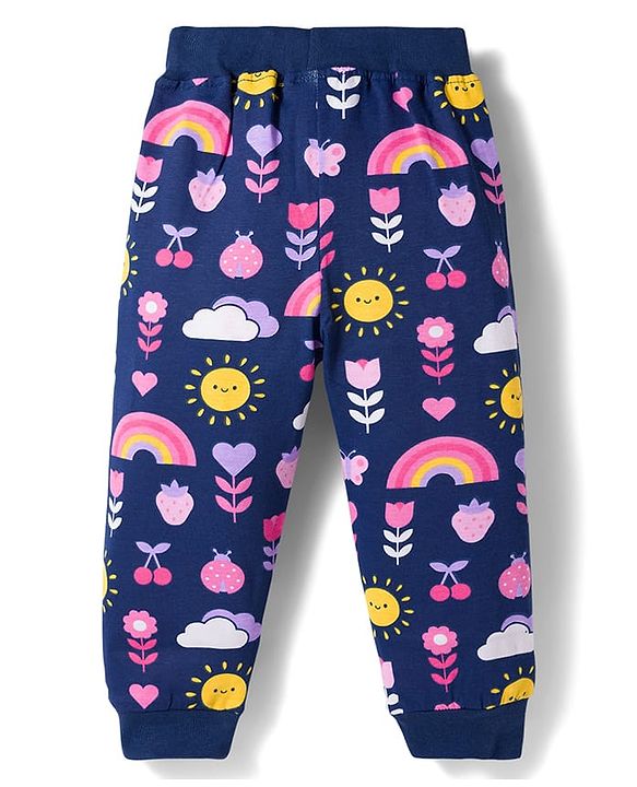 Babyhug Cotton Jersey Knit Full Length Lounge Pant With Floral Print Pack Of 2 - Navy Blue & Pink