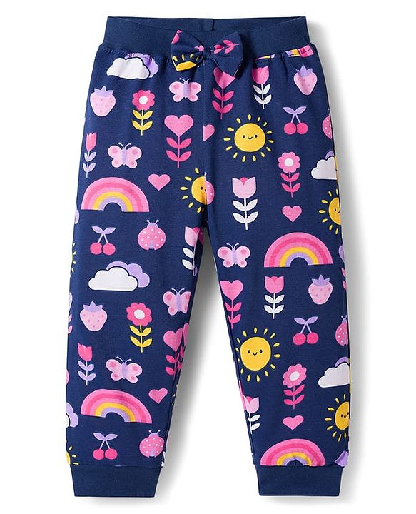 Babyhug Cotton Jersey Knit Full Length Lounge Pant With Floral Print Pack Of 2 - Navy Blue & Pink