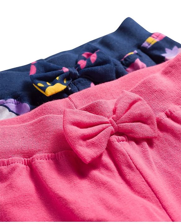 Babyhug Cotton Jersey Knit Full Length Lounge Pant With Floral Print Pack Of 2 - Navy Blue & Pink