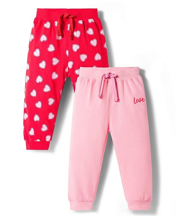 Babyhug Cotton Jersey Knit Full Length Lounge Pant With Heart Print Pack Of 2 - Red & Pink