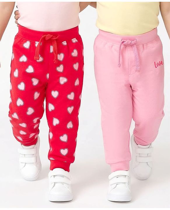 Babyhug Cotton Jersey Knit Full Length Lounge Pant With Heart Print Pack Of 2 - Red & Pink