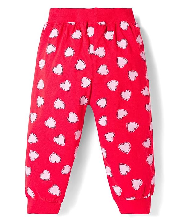 Babyhug Cotton Jersey Knit Full Length Lounge Pant With Heart Print Pack Of 2 - Red & Pink