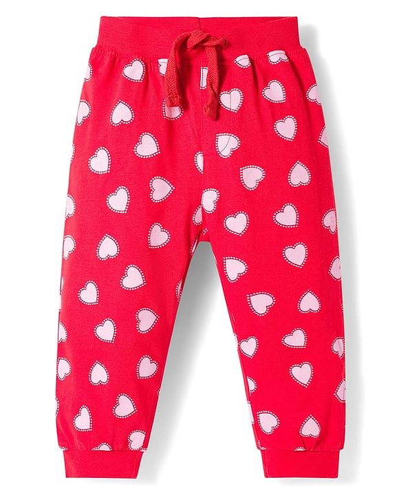 Babyhug Cotton Jersey Knit Full Length Lounge Pant With Heart Print Pack Of 2 - Red & Pink