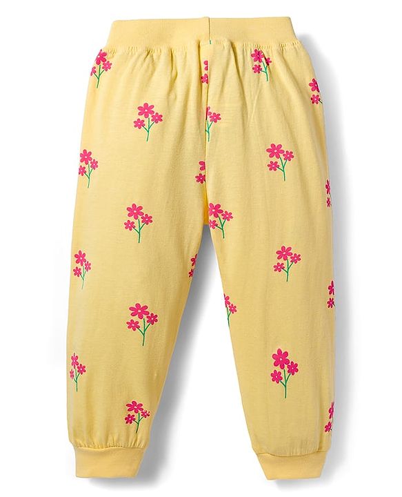 Babyhug Cotton Knit Full Length Lounge Pant With Floral Print Pack Of 2 - Pink & Yellow