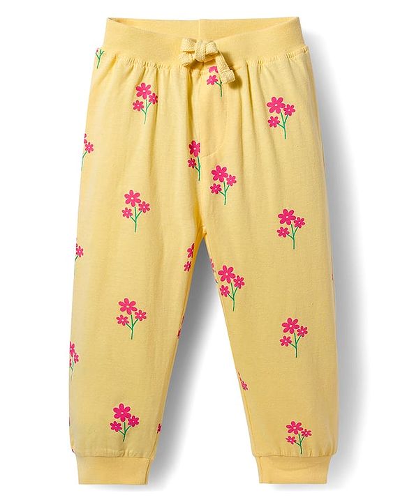 Babyhug Cotton Knit Full Length Lounge Pant With Floral Print Pack Of 2 - Pink & Yellow