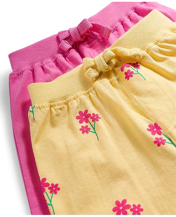 Babyhug Cotton Knit Full Length Lounge Pant With Floral Print Pack Of 2 - Pink & Yellow