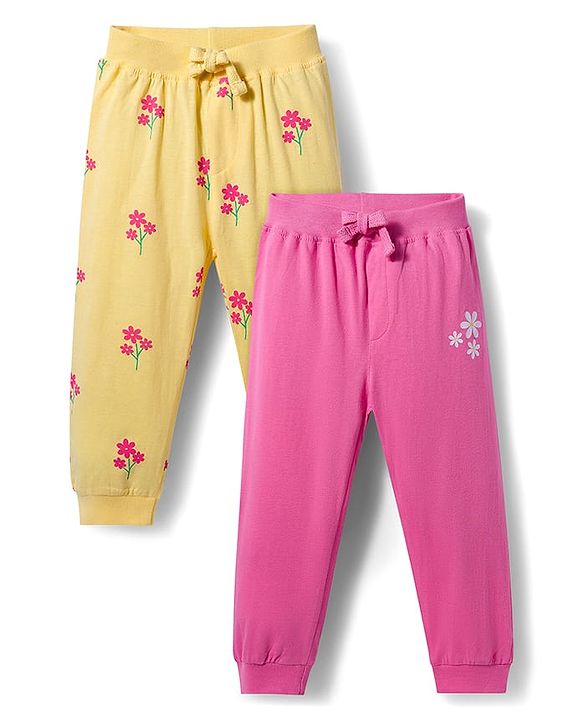 Babyhug Cotton Knit Full Length Lounge Pant With Floral Print Pack Of 2 - Pink & Yellow