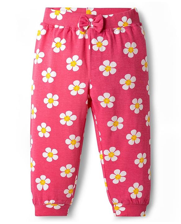 Babyhug Cotton Knit Full Length Lounge Pants with Floral & Polka Dot Print & Bow Applique Pack of 2 - Pink & Navy Blue