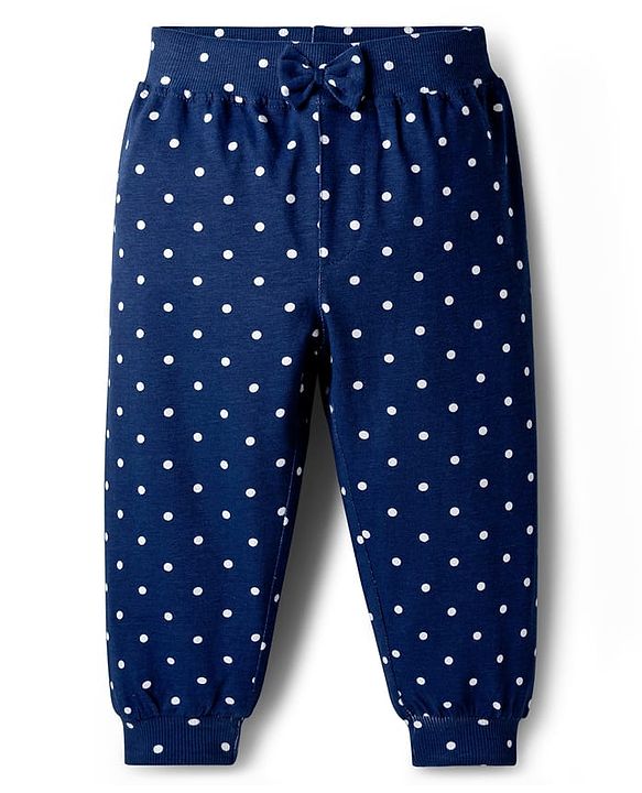 Babyhug Cotton Knit Full Length Lounge Pants with Floral & Polka Dot Print & Bow Applique Pack of 2 - Pink & Navy Blue