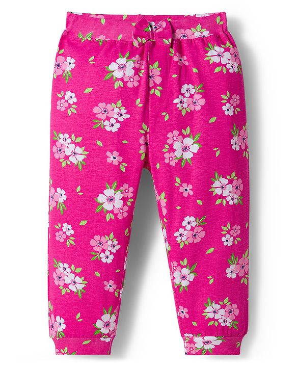 Babyhug Cotton Knit Full Length Lounge Pants with Floral & Polka Dot Print & Bow Applique Pack of 2 - Pink & Navy Blue