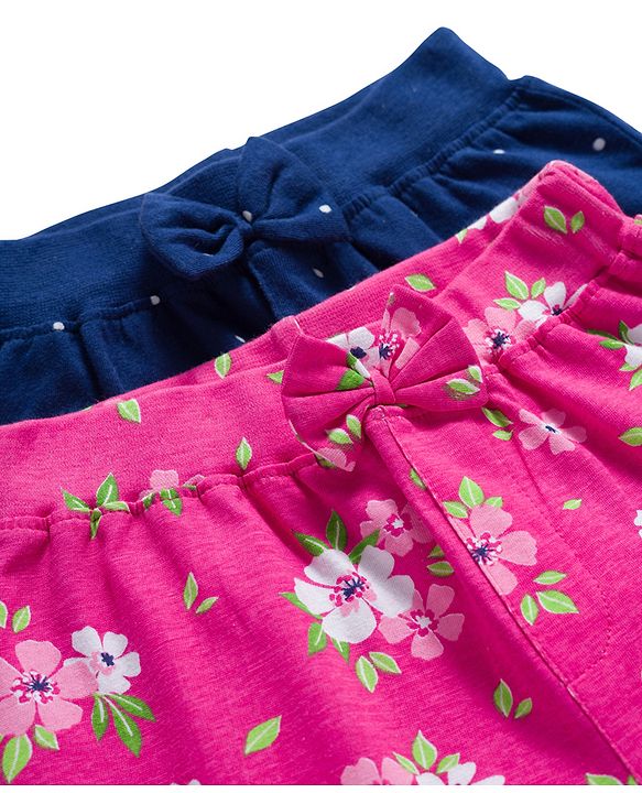 Babyhug Cotton Knit Full Length Lounge Pants with Floral & Polka Dot Print & Bow Applique Pack of 2 - Pink & Navy Blue