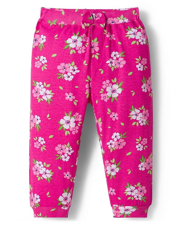 Babyhug Cotton Knit Full Length Lounge Pants with Floral & Polka Dot Print & Bow Applique Pack of 2 - Pink & Navy Blue