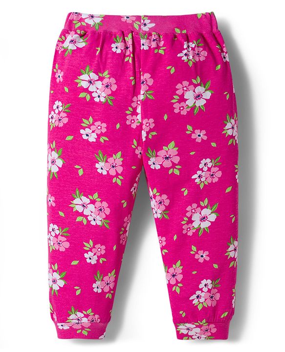 Babyhug Cotton Knit Full Length Lounge Pants with Floral & Polka Dot Print & Bow Applique Pack of 2 - Pink & Navy Blue