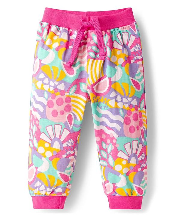 Babyhug Cotton Knit Full Length Lounge Pants with Floral & Text Print Pack of 2 - Multicolour