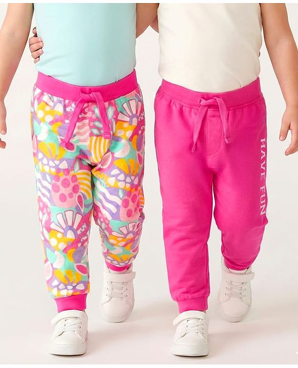 Babyhug Cotton Knit Full Length Lounge Pants with Floral & Text Print Pack of 2 - Multicolour