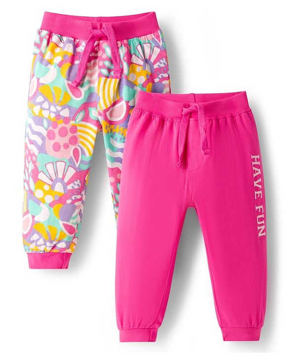 Babyhug Cotton Knit Full Length Lounge Pants with Floral & Text Print Pack of 2 - Multicolour