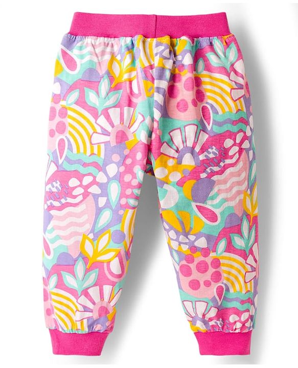Babyhug Cotton Knit Full Length Lounge Pants with Floral & Text Print Pack of 2 - Multicolour