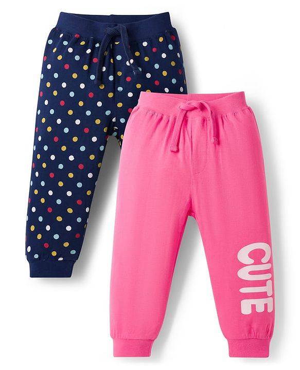 Babyhug Cotton Knit Full Length Lounge Pants with Polka Dots Pack of 2 - Navy Blue & Pink
