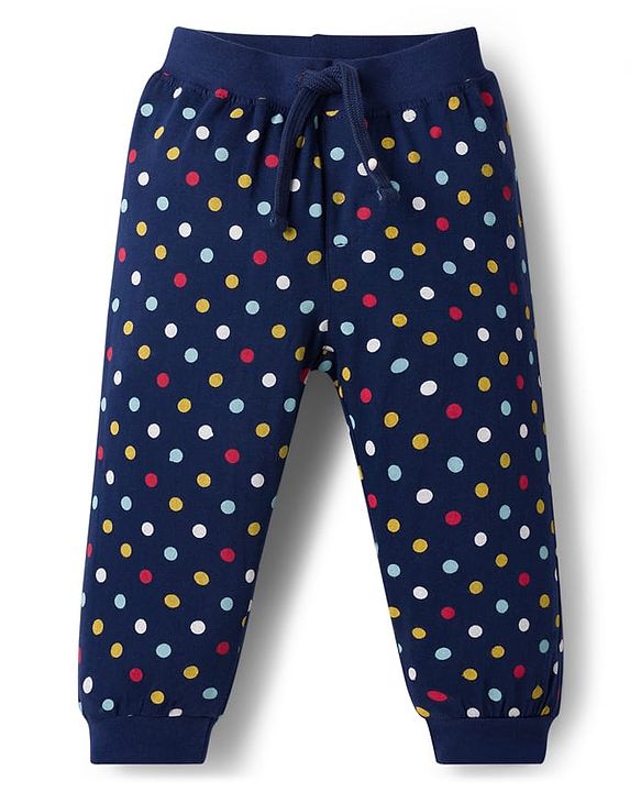 Babyhug Cotton Knit Full Length Lounge Pants with Polka Dots Pack of 2 - Navy Blue & Pink