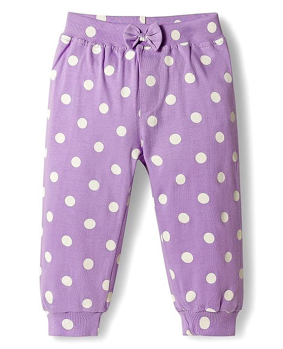 Babyhug Cotton Jersey Knit Full Length Lounge Pants with Polka Dot & Star Print Pack of 2 - Purple & Dark Pink