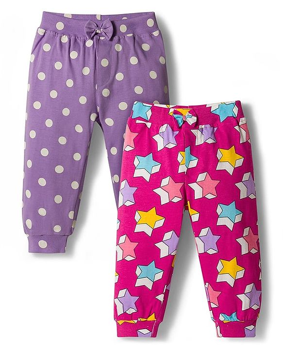 Babyhug Cotton Jersey Knit Full Length Lounge Pants with Polka Dot & Star Print Pack of 2 - Purple & Dark Pink