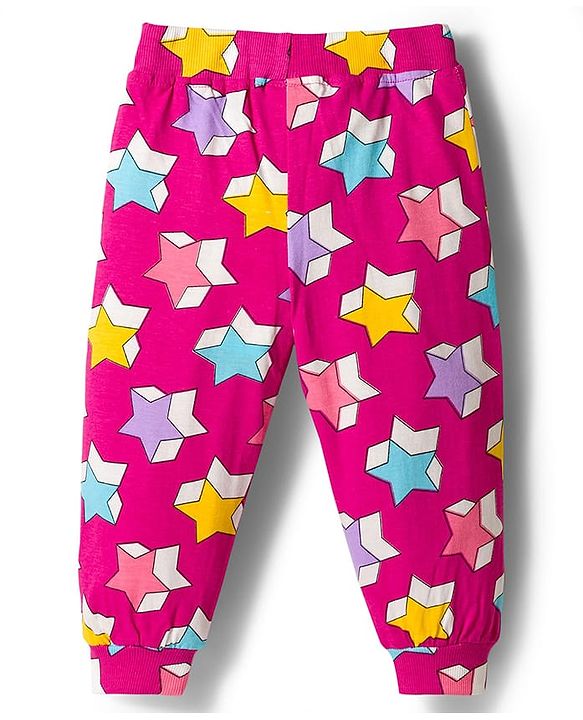 Babyhug Cotton Jersey Knit Full Length Lounge Pants with Polka Dot & Star Print Pack of 2 - Purple & Dark Pink