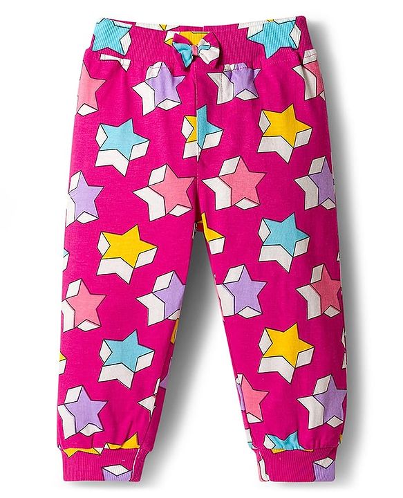 Babyhug Cotton Jersey Knit Full Length Lounge Pants with Polka Dot & Star Print Pack of 2 - Purple & Dark Pink