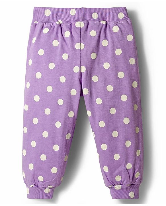 Babyhug Cotton Jersey Knit Full Length Lounge Pants with Polka Dot & Star Print Pack of 2 - Purple & Dark Pink
