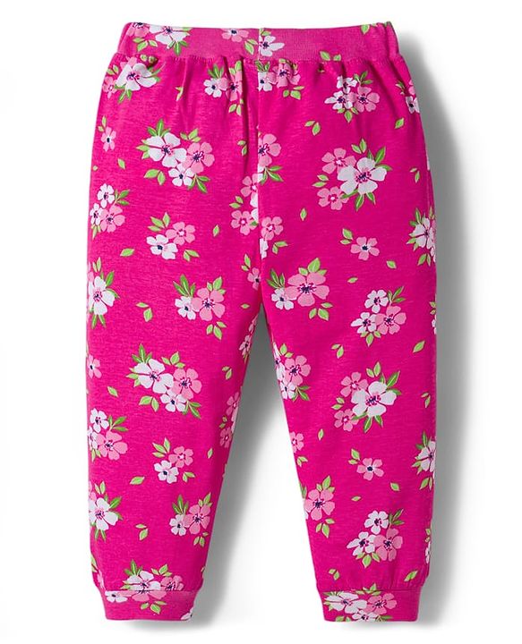 Babyhug Cotton Jersey Knit Full Length Floral & Polka Dot Printed Lounge Pants With Bow Applique Pack of 2 - Dark Pink & Navy Blue